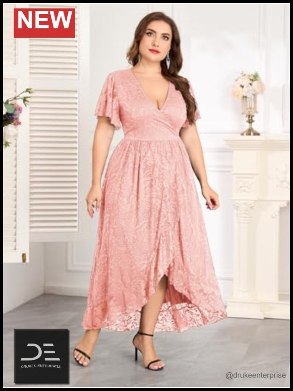 Plus Size Floral Lace High Low Maxi Dress Ruffle Sleeve Formal Evening Gown - Picture 4 of 6